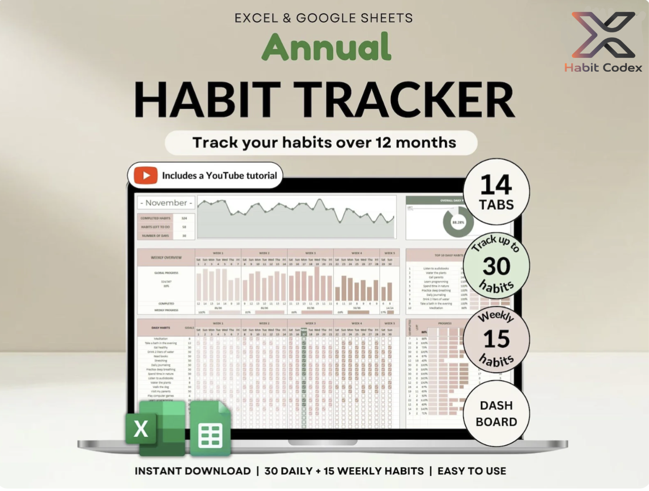 Habit Tracker for Excel & Google Sheets